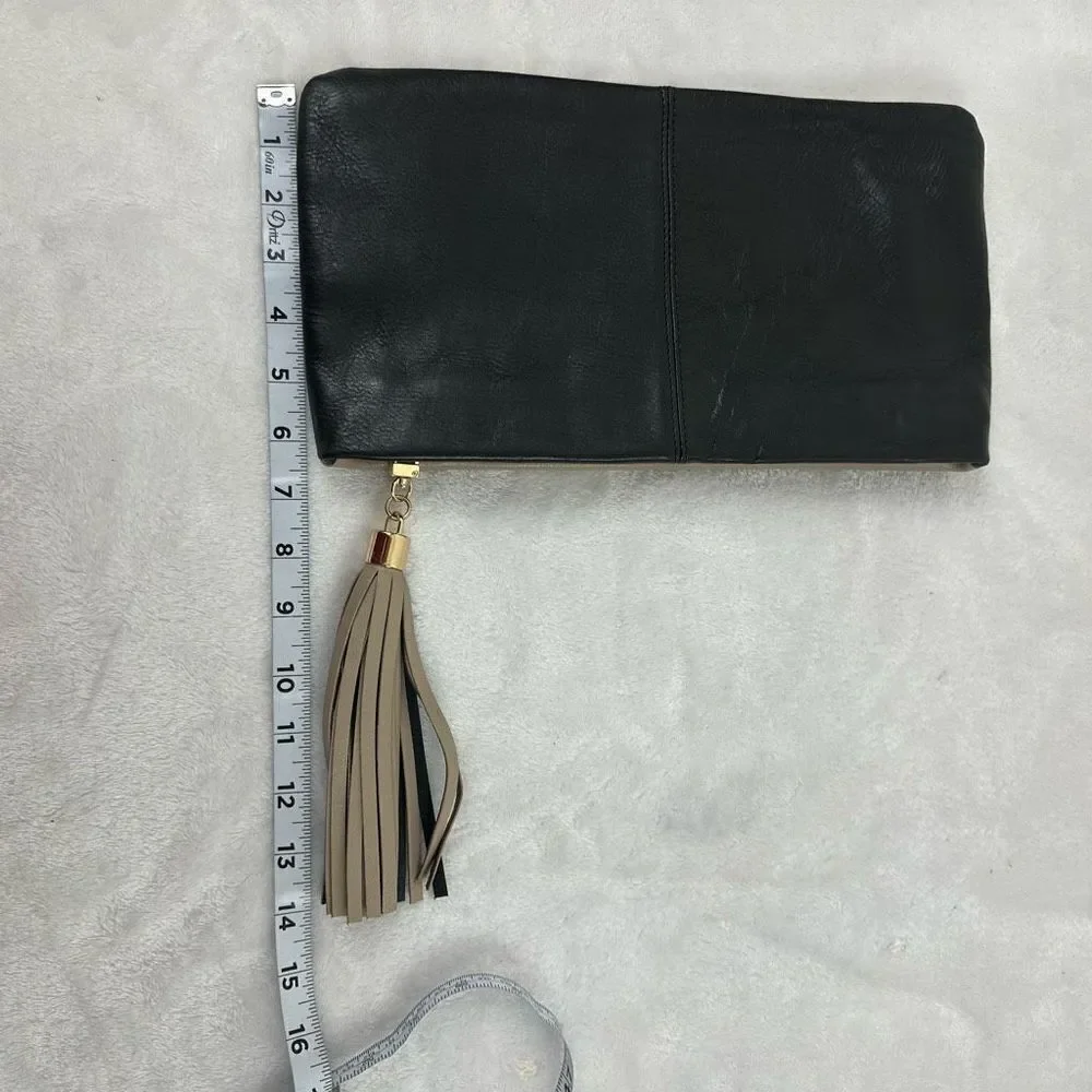 Halogen Colorblock Leather Clutch Black And Tan Top Zipper With‎ Tassle
